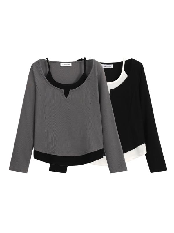 シャツ 秋 長袖 大きいサイズ 湯たんぽ フェイク ツーピース T 女性 新 スリム トップス