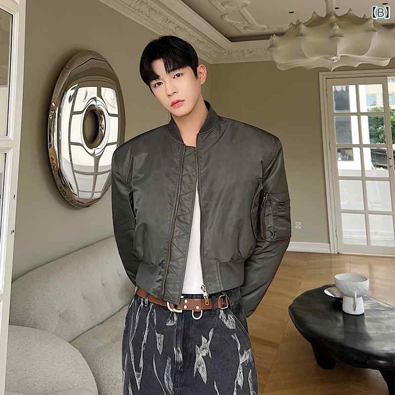 ジャケット 秋 冬 レトロ ミリタリーグリーン ボン バー ショート キルティング 男性 女性 ワイド ショルダー 野球 ユニフォーム 綿