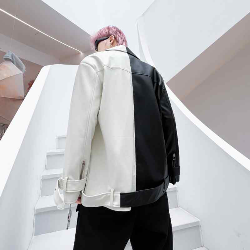 ジャケット ナショナル ヒップ ホップ 黒白 スプライシング レザー 男性 女性 ストリート カップル レザー