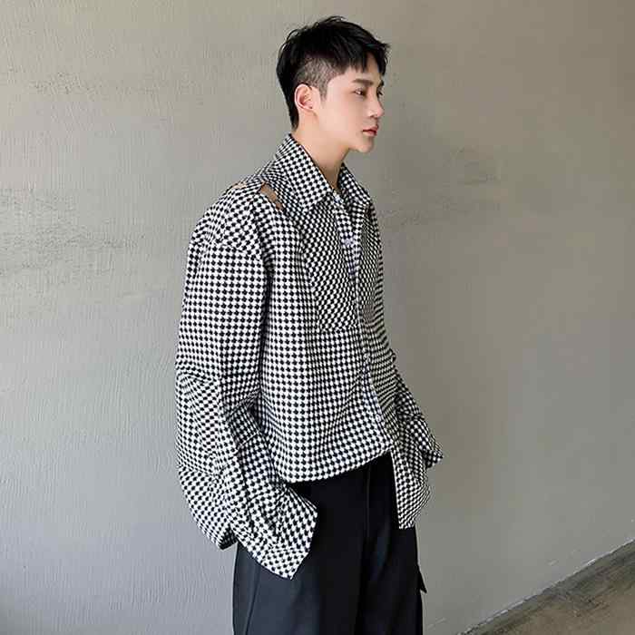 シャツ メンズ カジュアル 長袖 おしゃれ トップス 韓国 シック 千鳥格子 ナイフ カット 穴 オフショル..