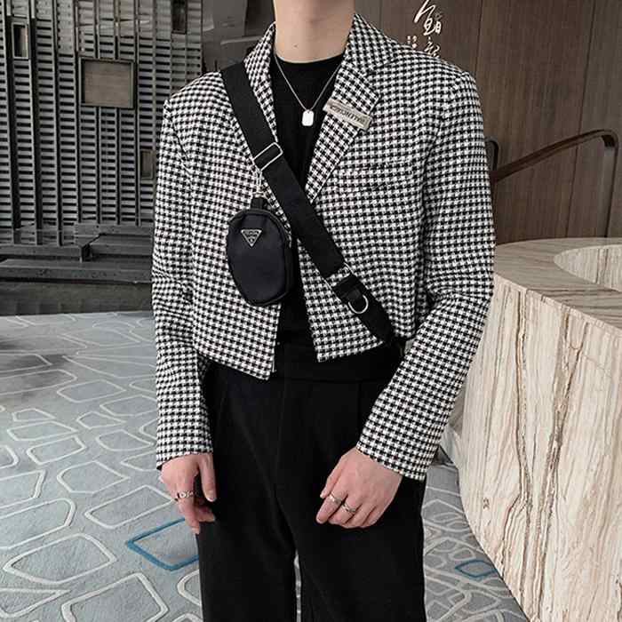 ジャケット メンズ トップス 韓国 ライト 大人 スーツ 超 ショート 超 ショート ハイウエスト 千鳥格子
