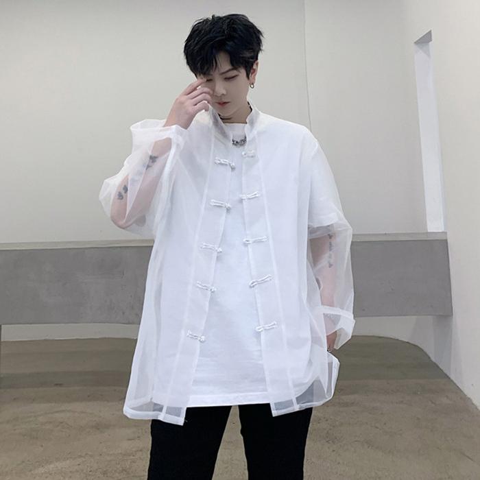 シャツ メンズ カジュアル 長袖 おしゃれ 中華風 版 中国 ボタン メッシュ シースルー 日焼け防止