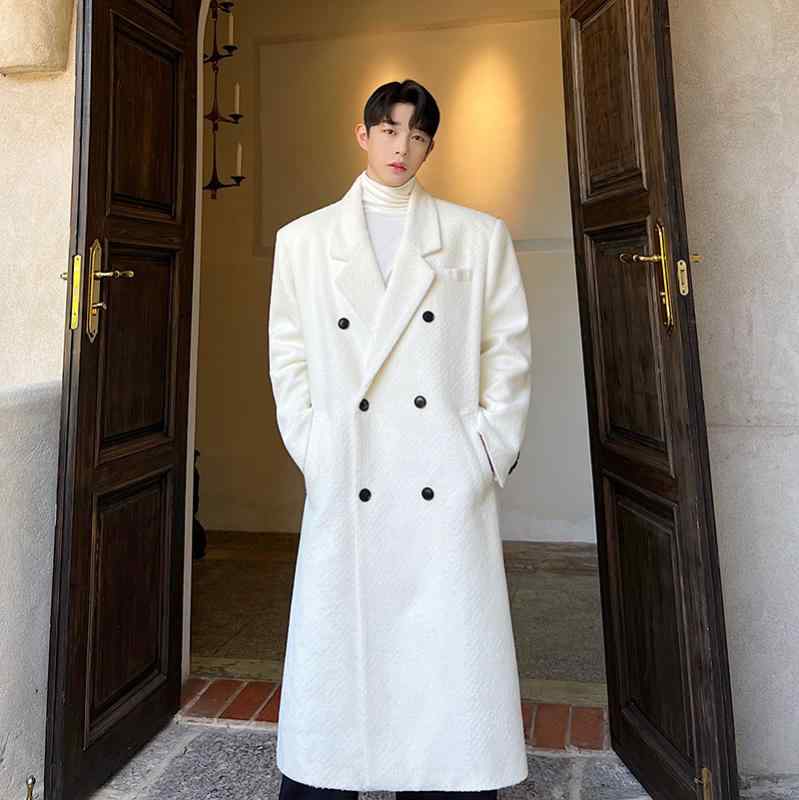 ジャケット 秋 冬 ウール 韓国 肩 パッド入り ダブルブレスト 英国製 ロング ホワイト ウドブレーカー