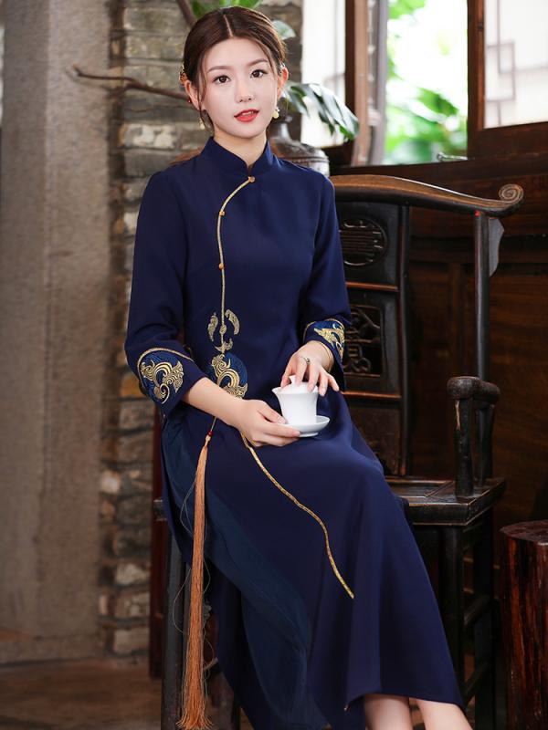 ドレス 秋 チャイナ 民族衣装 刺繍 民族風 女性 エスニック 唐 スーツ 中華風 女性 瞑想 茶 女性