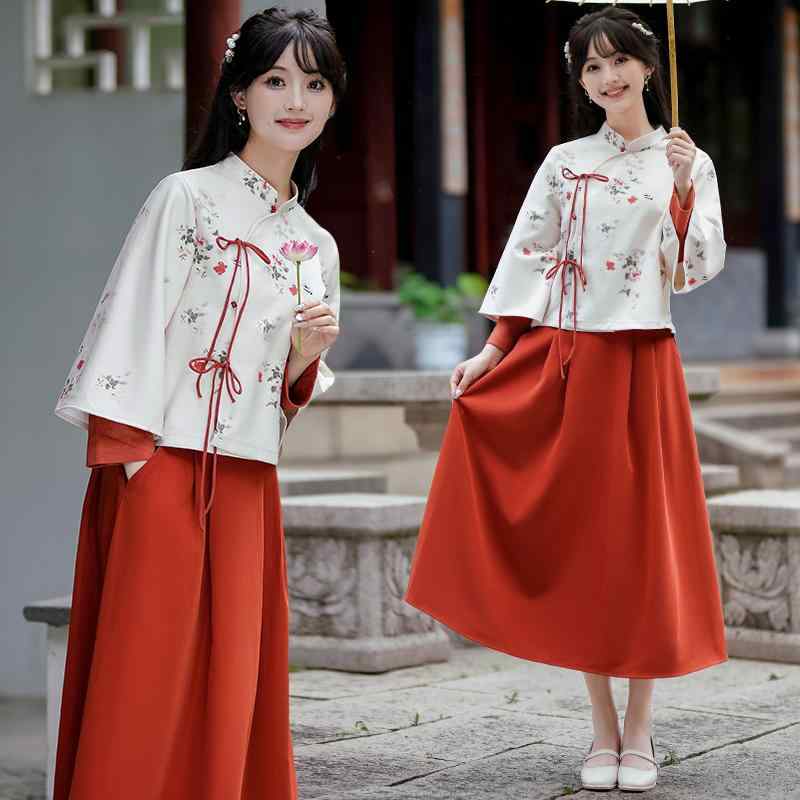 ドレス 秋 冬 中華風 女子 フェイク ツーピース チャイナ トップス レトロ 中国 バック スキン ベルベット