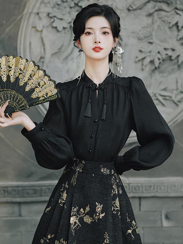 シャツ レディース 秋 冬 トップス エキゾチック に 合わせる アンティーク 中華風 黒 中国 ボトムス ダブルブレスト スタンドカラー