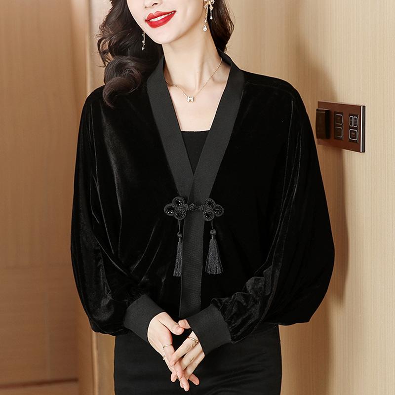 ジャケット レディース 秋 冬 トップス エキゾチック 女性 中華風 金色 ベルベット ショート カーディガン 高貴 風 中国 母 風 老化 軽減 する