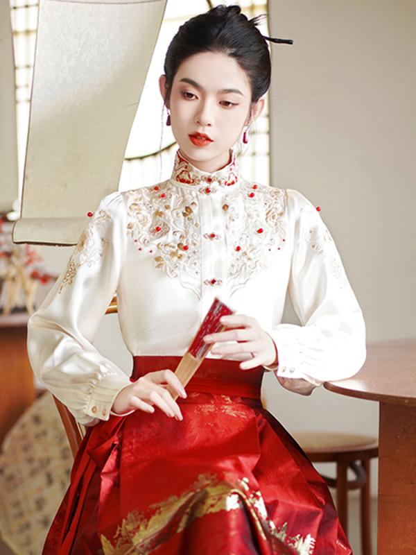 シャツ レディース 秋 冬 トップス エキゾチック 女性用 中華風 刺繍 漢服 中華風 スタンドカラー前 立て