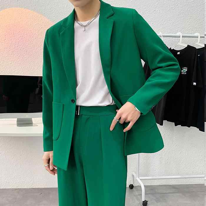ジャケット メンズ セットアップ 韓国 ストリート BF グリーン スーツ ス 塩系 英国 スーツ 2点 セット