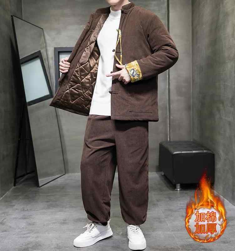 ジャケット メンズ 冬 セットアップ 中華風 唐装 中華風 コーデュロイ 綿 スーツ レトロゆったり 厚手 綿 2 点 セット