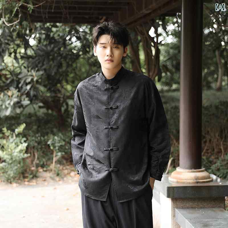 シャツ メンズ 秋 長袖 漢服 中華風 冷感 ダーク パターン レトロ 唐 スーツ 大きいサイズ プレート ボタン