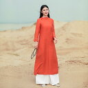 ドレス レディース 秋 春 チャイナ服 アオザイ 中華風 中国 綿 リネン アオザイ チャイナ 女性 ミドル 丈 レトロ 瞑想服 茶師服