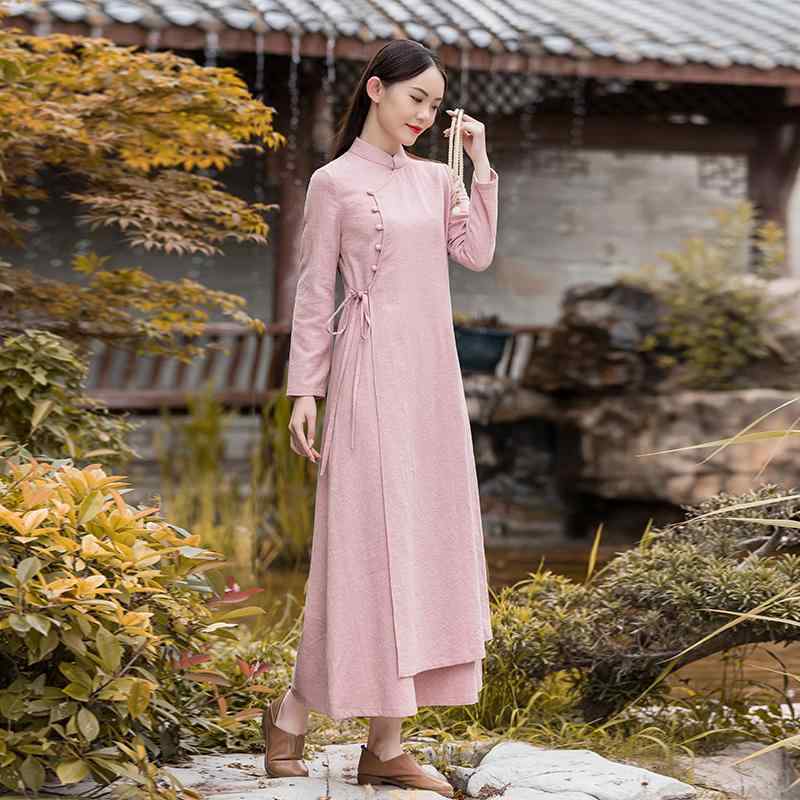 ドレス レディース 秋 春 チャイナ服 アオザイ 中華風 綿 リネン チャイナ 瞑想服 茶師服 レトロ 婦人服