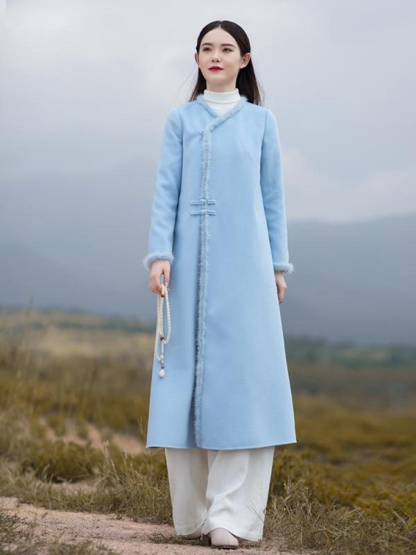 コート レディース 秋 春 ウール チャイナ服 アオザイ 中華風 ディスク バックル 薄い 女性 レトロ 唐装 韓服 チャイナ