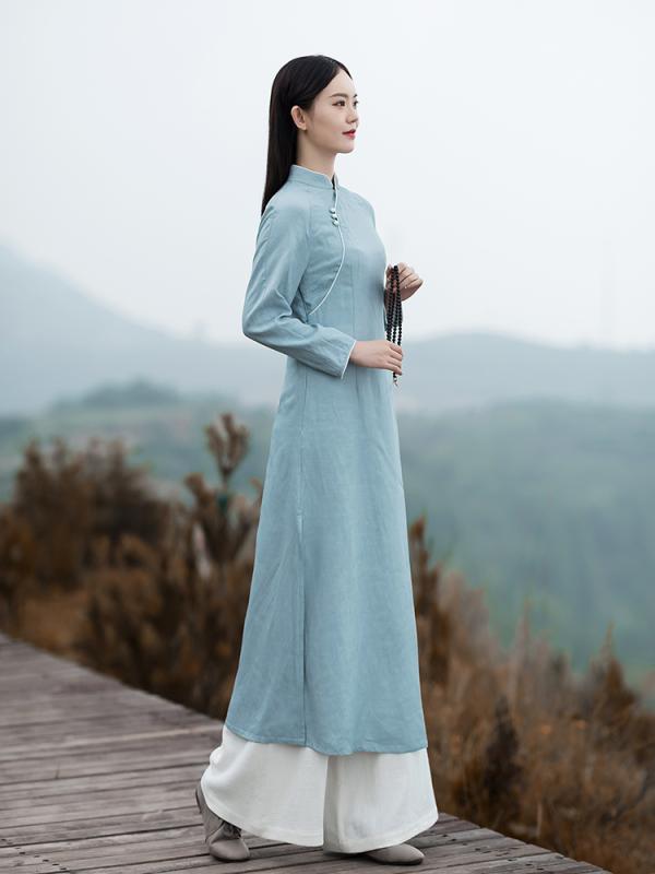 ドレス レディース 秋 春 チャイナ服 アオザイ 中華風 チャイナ 綿 リネン 新 瞑想服 茶師服 サービス 文学 レトロ 婦人服
