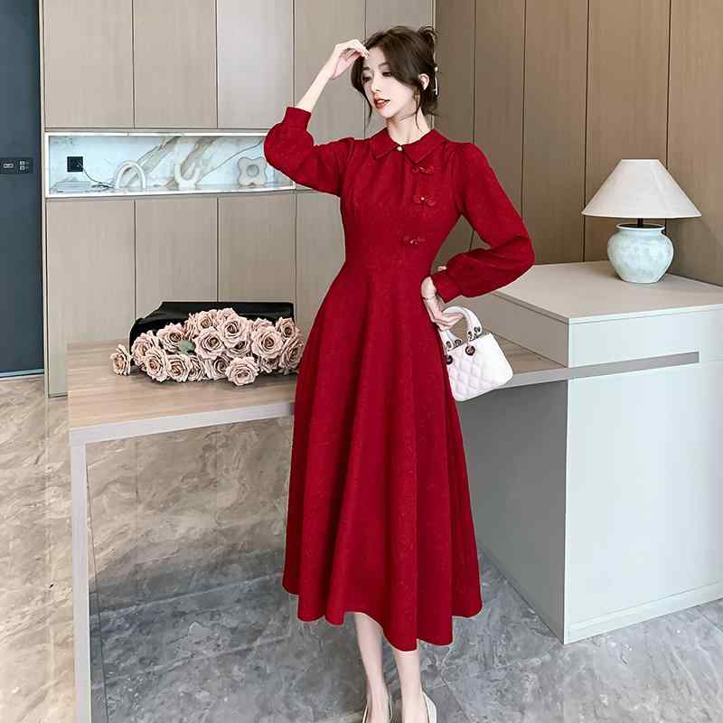ドレス レディース 冬 長袖 チャイナ 乾杯 スーツ ヤング バーガンディ ウェディング 通常用