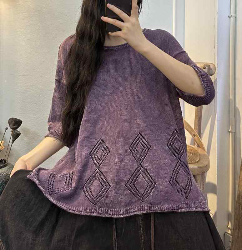 Rakuten - レディース 春 夏 ニット トップス エスニック レトロ ダメージ フライド カラー Bingqu 万能 菱形 ラウンドネック
