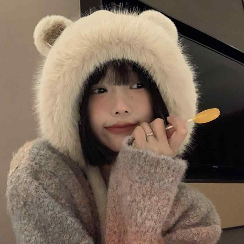 秋 冬 帽子 防寒 あったかい 韓国 かわいい 帽子 女性用 クマ 耳 帽子 ベルベット 厚手 サイクリング 防寒 耳保護 帽子