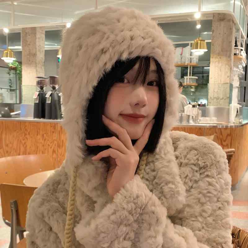 秋 冬 ニット ウール 帽子 防寒 かわいい 女性用 ウサギ 毛皮 耳保護 帽子 韓国 小...