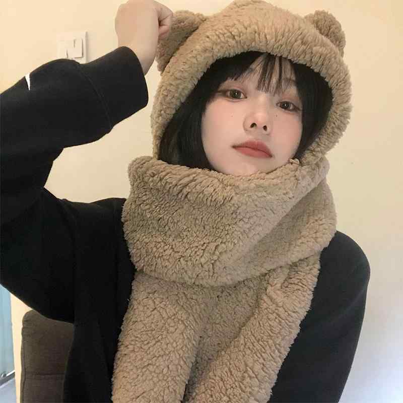 レディース 冬 マフラー ぬいぐるみ かわいい クマ 帽子 スカーフ オール ワン 韓国 耳 スカーフ 厚手 暖かい ネット 2点 セット