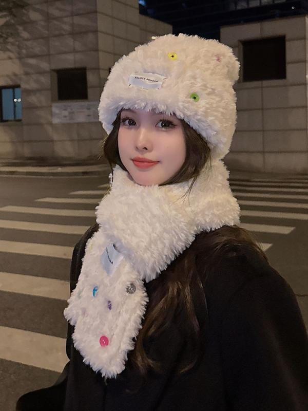 秋 冬 ウール マフラー 韓国 白 暖かい 肥厚 スカーフ 女性 カラフル ボタン 防寒 帽子 スカーフ 統合