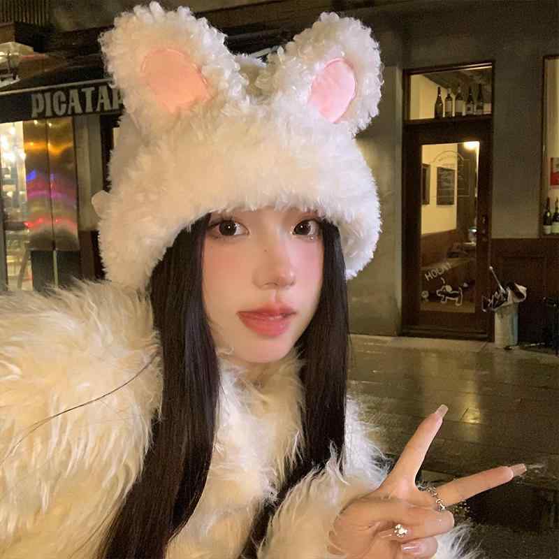 秋 冬 ニット ウール 帽子 防寒 あったかい 女性 かわいい ウサギ 耳 顔形 整える 小さい つま先 キャップ 甘くて 用途 広い 暖かい