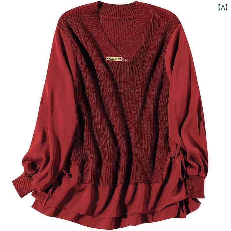 レディース セーター 秋冬 トップス 長袖 Vネック シック トップス ウール 紅 赤 ニット ゆったり 暖かい エレガント フェミニン 優しい 旅行 温泉 ドライブ 観光 家族 休日 ショッピング 祝い