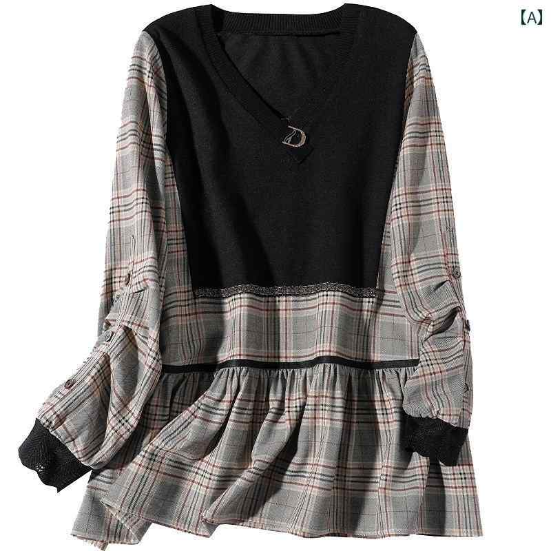 レディース Tシャツ チュニック 春秋 長袖 丈 トップス フリルギャザー Vネック チェックプリント ファミニン 清楚 旅行 飲み会 デート ドライブ 休日 観光 コンサート ショッピング