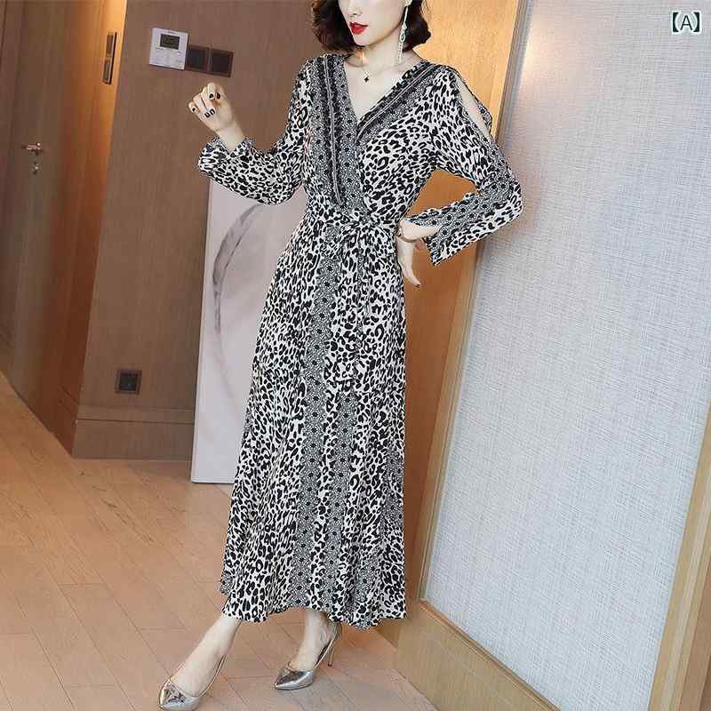 Long - レディース ワンピース ドレス 春秋 長袖 ロング丈スカート Vネック レース ヒョウ柄 フェミニン 魅惑 モノクローム 大人おしゃれ スタイリッシュ 外出着 食事会 カジュアルパーティー
