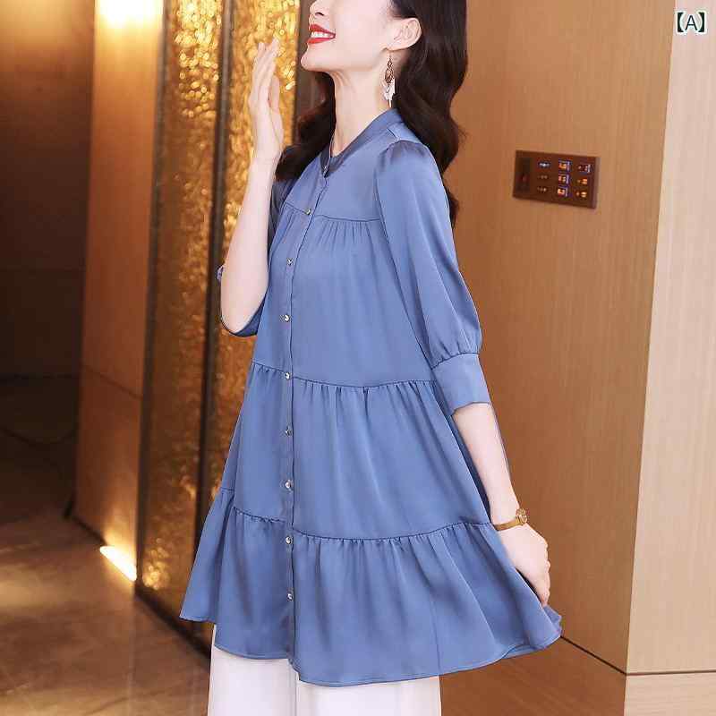 レディース Tシャツ ブラウス 夏 トップス 五分袖 丈 プルオーバードール ラウンドネック ボタン ゆったり フェミニン 大人かわいい レジャー 旅行 観光 ランチ 散歩