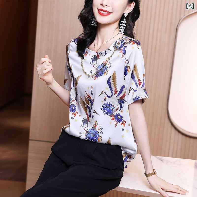 レディース Tシャツ ブラウス 夏 トップス 半袖 プルオーバー ラウンドネック レトロプリント チャイナ風 ゆったり レジャー 旅行 観光 飲み会 オフィスカジュアル