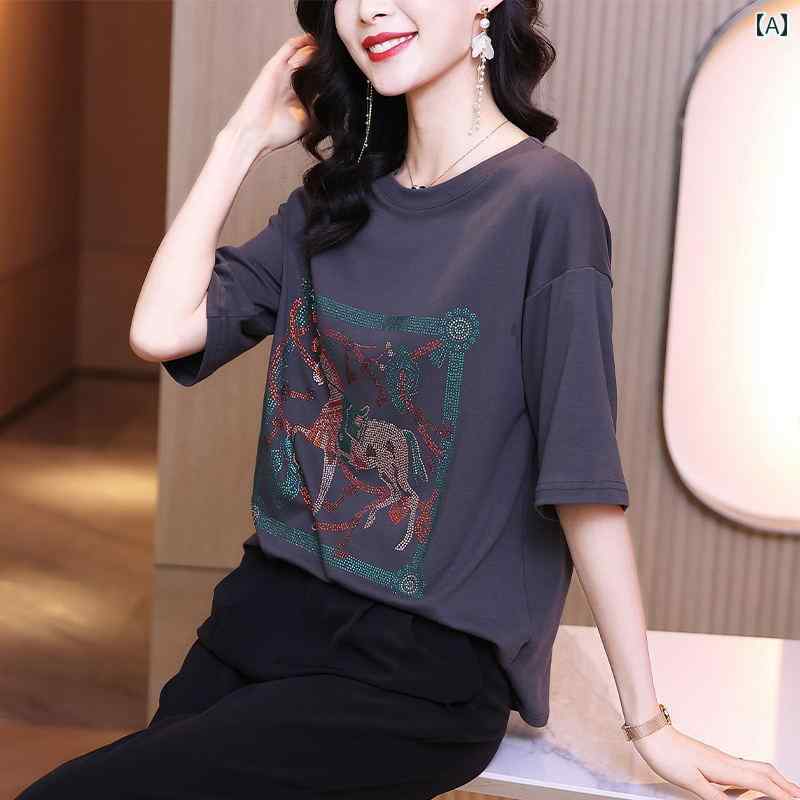 レディース Tシャツ ブラウス 夏 トップス 五分袖 プルオーバー ラウンドネック フロントプリント 馬 ポニー ゆったり レジャー 旅行 観光 飲み会 普段着 散歩