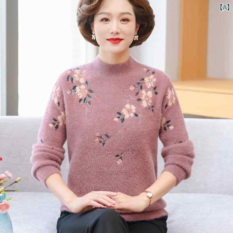 レディース レディース 秋冬 セーター ハーフネック ウール 上着 上品 刺繍 シニア シンプル 柔らかい ..