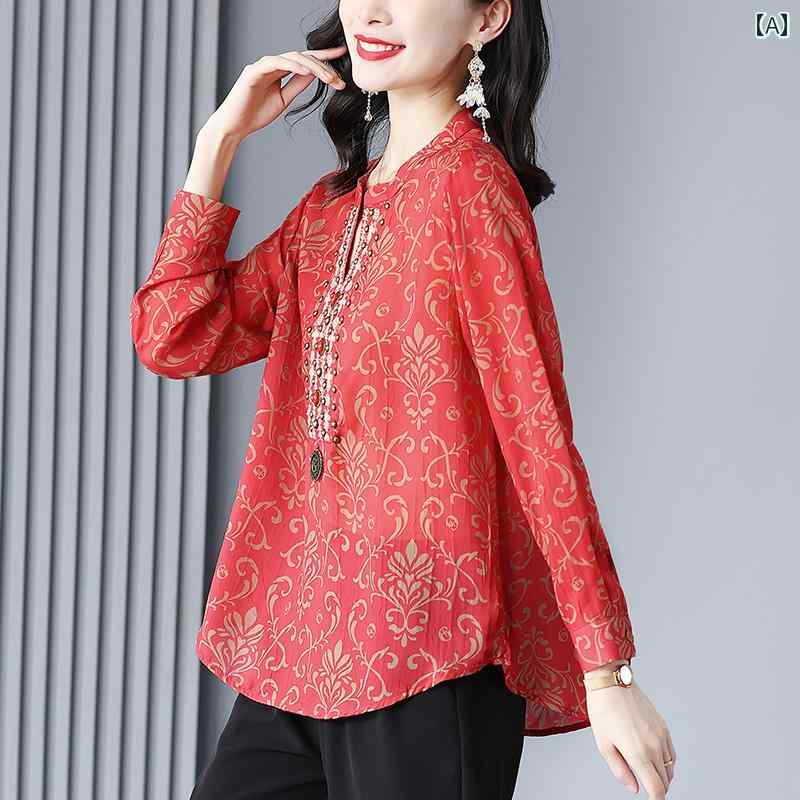 赤 シャツ レディース 秋 花模様 スタイリッシュ レトロ 刺繍 プリント トップス レディース カジュアル Vネック