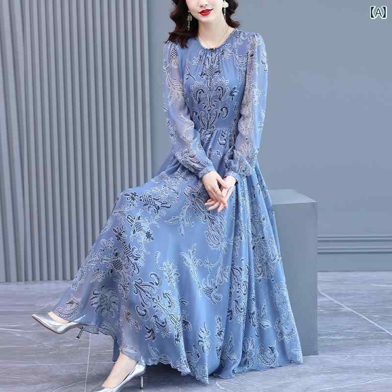 ドレス レディース ソフト 秋 フローラル アンティーク ロング スカート レディース レトロ ワンピース 花柄 エレガント ブルー