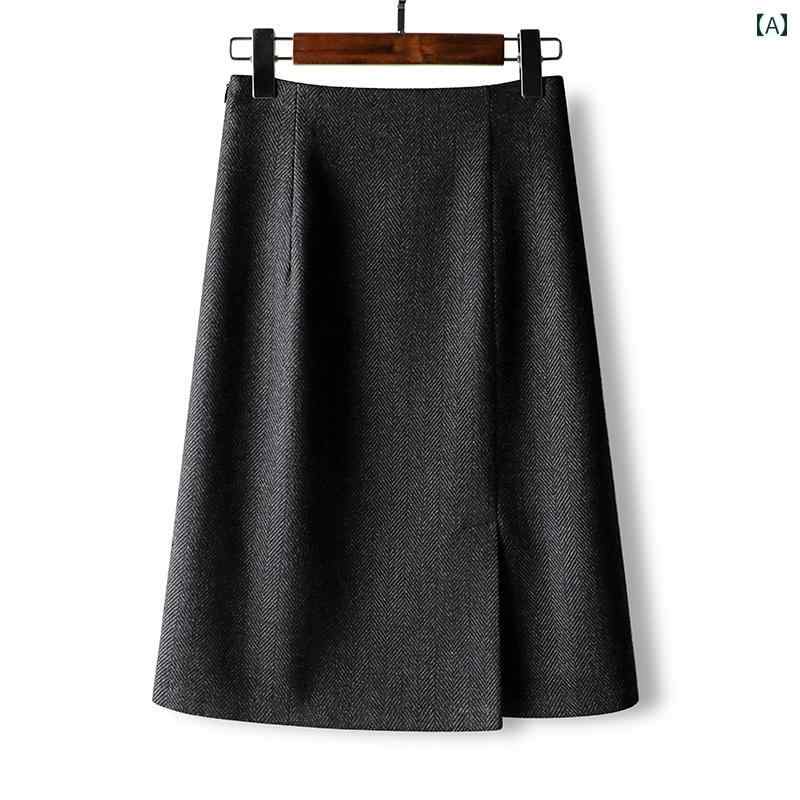 レディース スカート ハイウエスト Aライン スリム見え オフィス 通勤 普段使い 婦人服 ボトムス おしゃれ シンプル 豪華感 上品 ウール 秋冬 ヘリンボーン 柄(4)