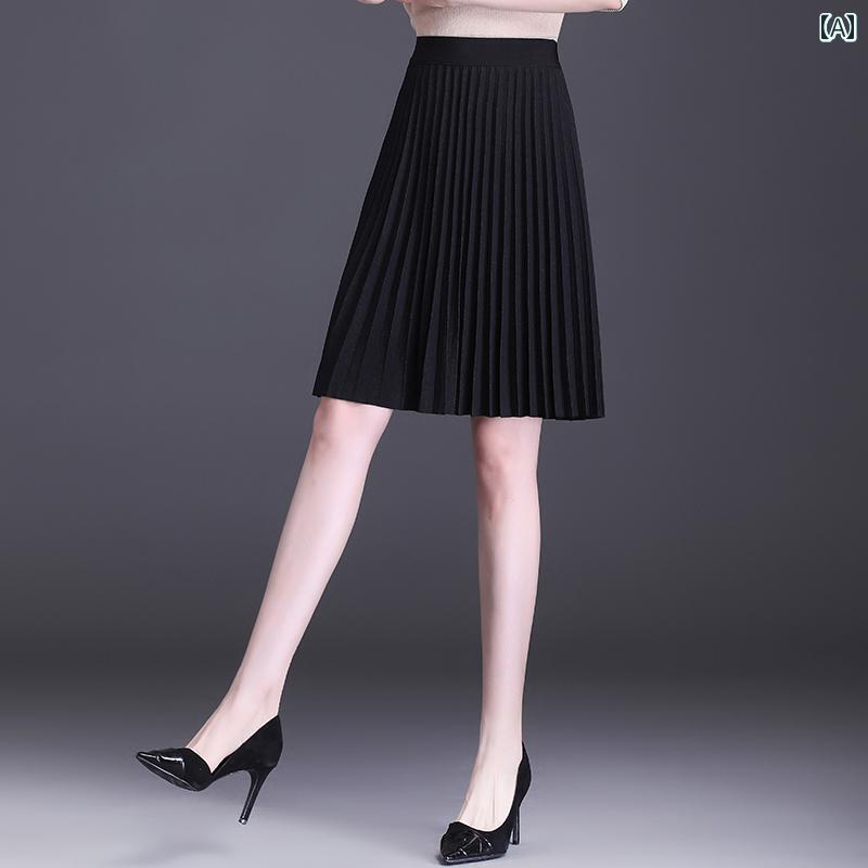 レディース スカート 秋 プリーツ ハイウエスト スリム見え Aライン 黒 グレー ショート ミニ フリーサイズ