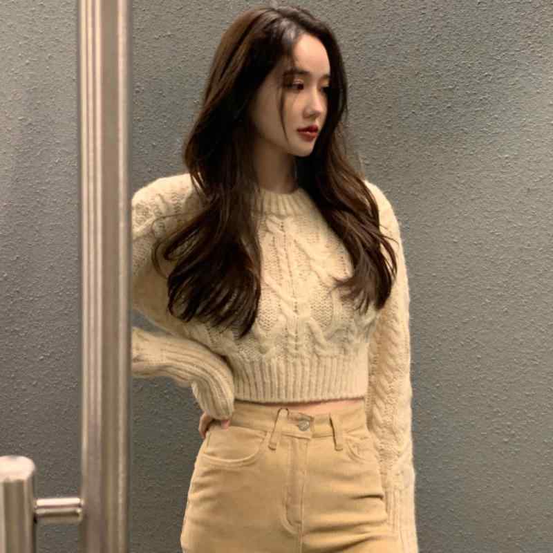 トップス レディース 韓国 秋冬 フレンチ レトロ ラウンドネック ハイウエスト ツイスト ショート セー..