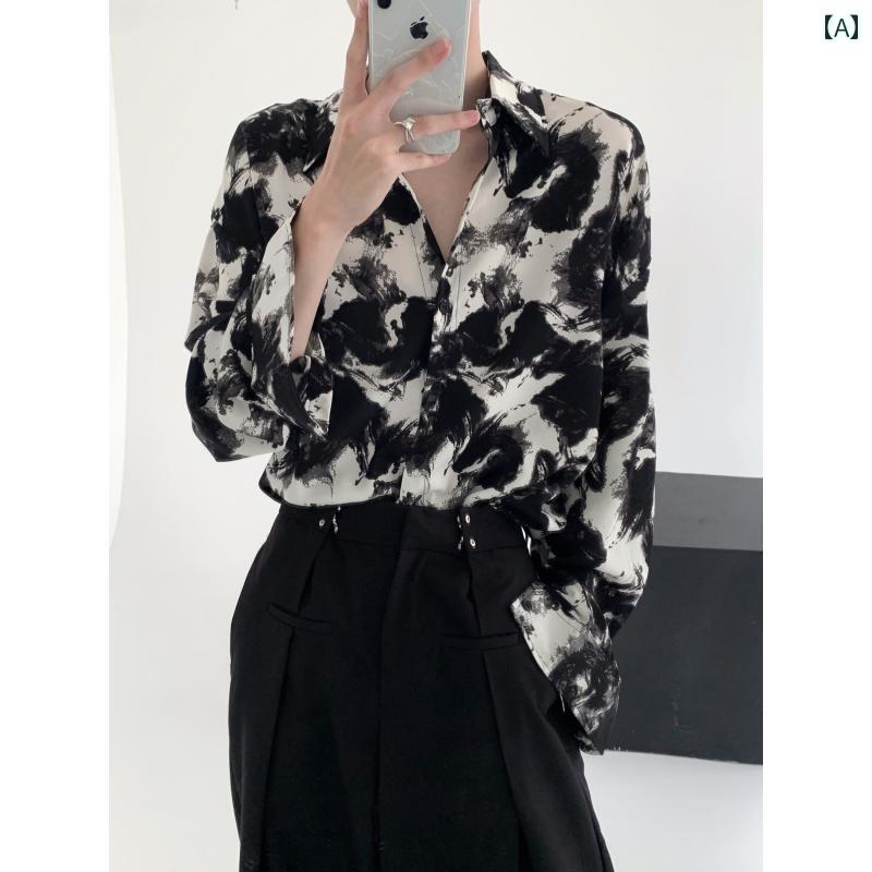 トップス シャツ メンズ スタイリッシュ おしゃれ 韓国 冷感 フラワー ハイエンド ヤッピー 長袖 インク スプラッシュ