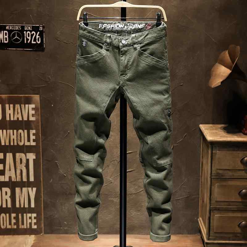 Skinney Pants - デニムパンツ メンズ 作業 ズボン 春秋 アーミーグリーン アメリカ ファッション ジーンズ 弾性 スリム 裾細 長ズボン