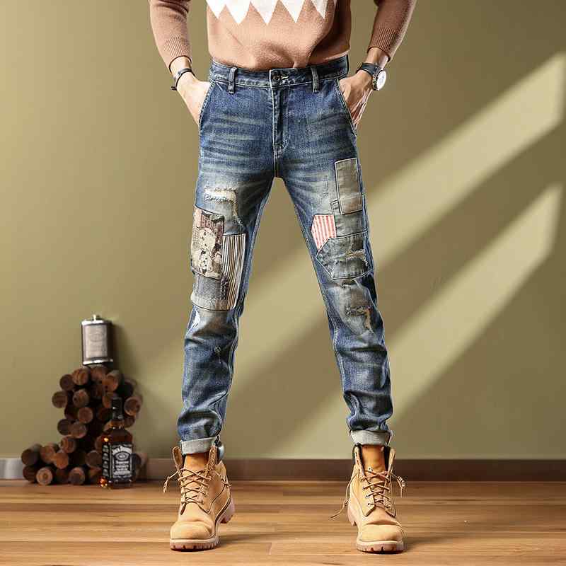 パンツ デニムパンツ メンズ 男性用 リップド パッチ ジーンズ ウォッシュ レトロ スリムフィット 男性用 春秋(4.0)