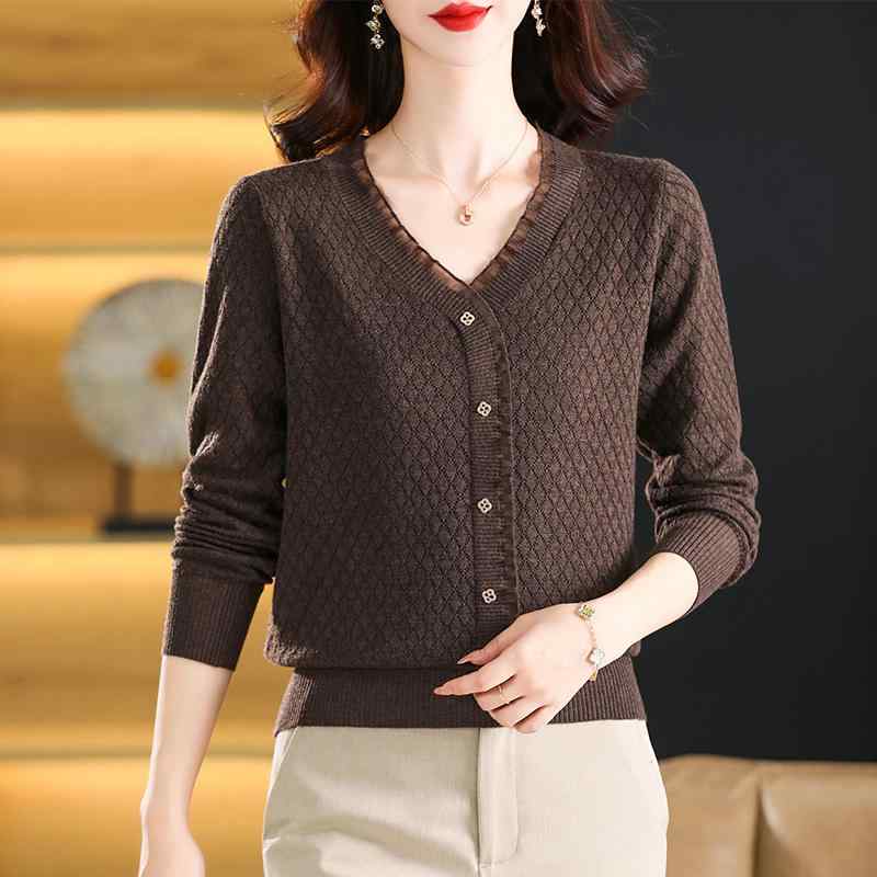 トップス シャツ レディース ファッション マザーズ 普段使い 婦人服 初秋 長袖 Tシャツ 女性 Vネック マザーズ レース ニット レイヤリング 春秋