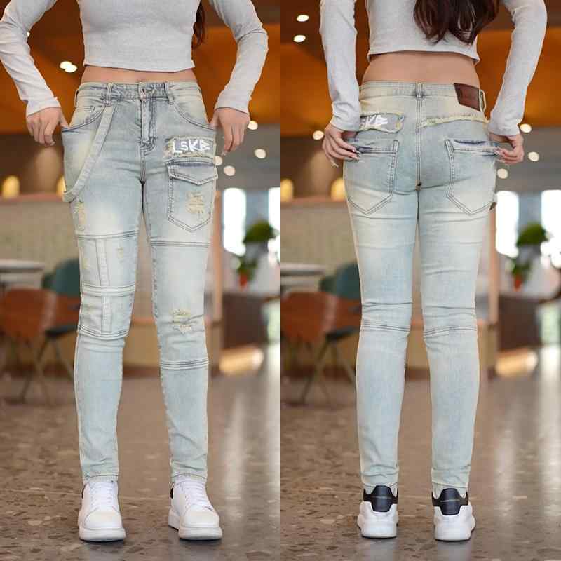 パンツ デニムパンツ ジーパン レディース メンズ アウトドア ズボン 高級 ジーンズ アメリカン レトロ プリント 快適 スプライシング カジュアル ウォッシュド ストレッチパンツ(4)