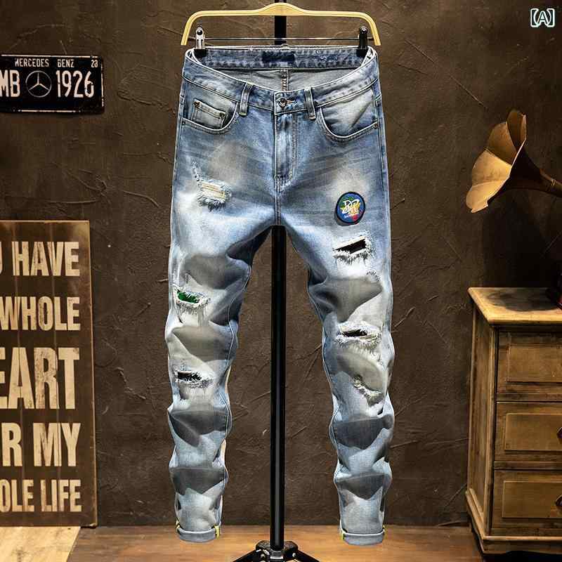 パンツ デニムパンツ ジーパン メンズ アウトドア ズボン 穴 あき デニムパンツ スリムフィット 足首細 春秋 ストレート カジュアル