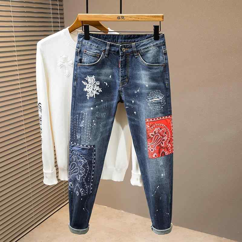 デニムパンツ メンズ アメリカ 春秋 若々しい スリムフィット ストレッチ 裾細 ジーンズ スプラッシュ パッチ デニムパンツ メンズ 男性用