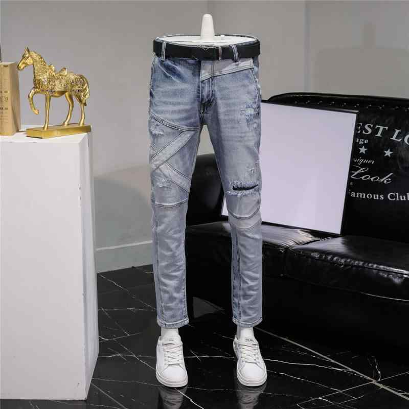 パンツ デニムパンツ メンズ 夏 リッピング パッチワーク ジーンズ 男性用 スリム ストレート ライト カラーストレッチ カジュアル 男性用 春秋