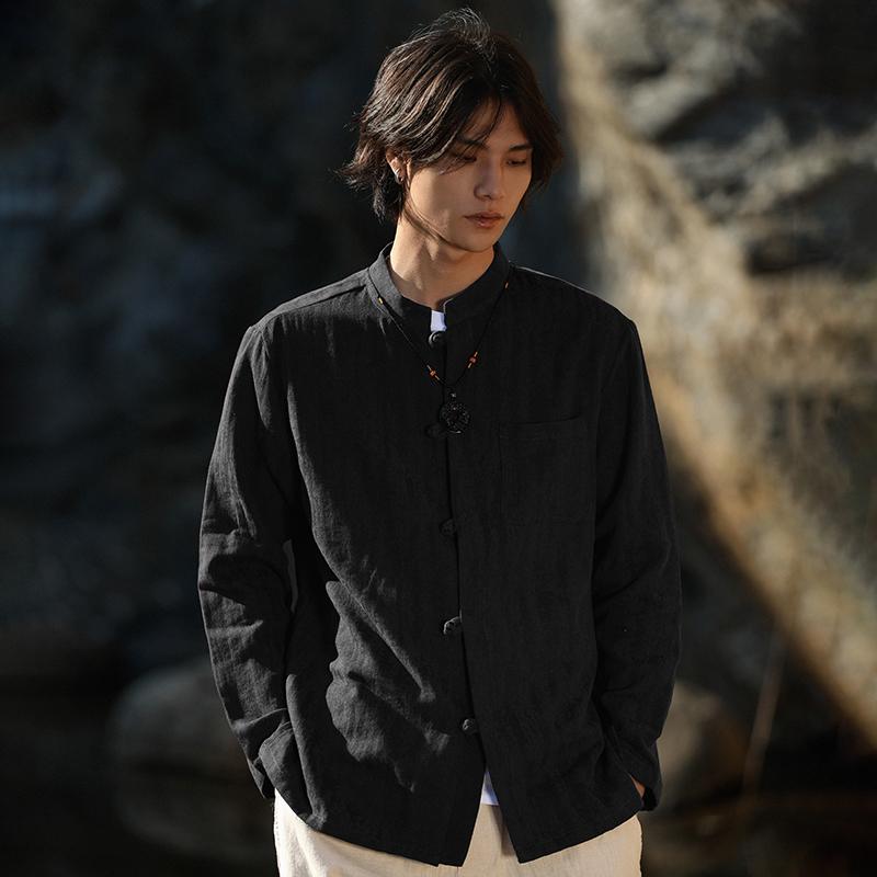 シャツ トップス メンズ レトロ チャイニーズ スタイル かっこいい 唐 スーツ リネンシャツ 長袖 綿 リネン 中国 スタンドカラー チュ..