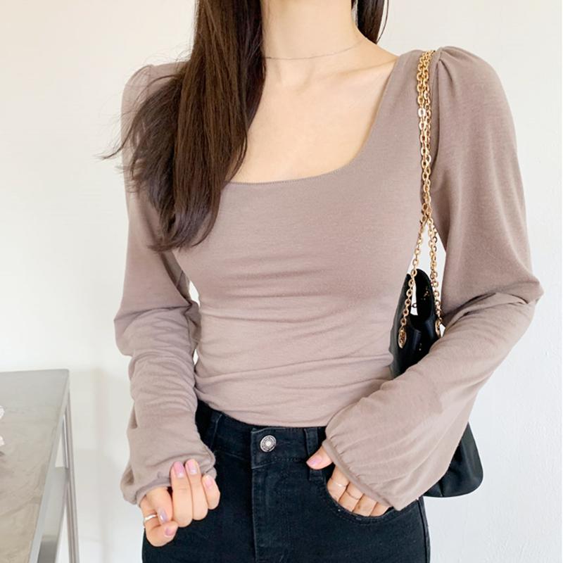 トップス シャツ レディース スリム スタイリッシュ おしゃれ 魅惑的 ローカット 鎖骨 露出 スクエアネック Tシャツ パフスリーブ フィット
