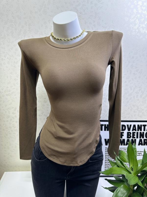 Long-Sleeved - トップス レディース 普段使い 魅惑的 体型 形作る ラウンドネック 長袖 Tシャツ 秋冬 女性用 カーブ 裾 ウエスト 締める