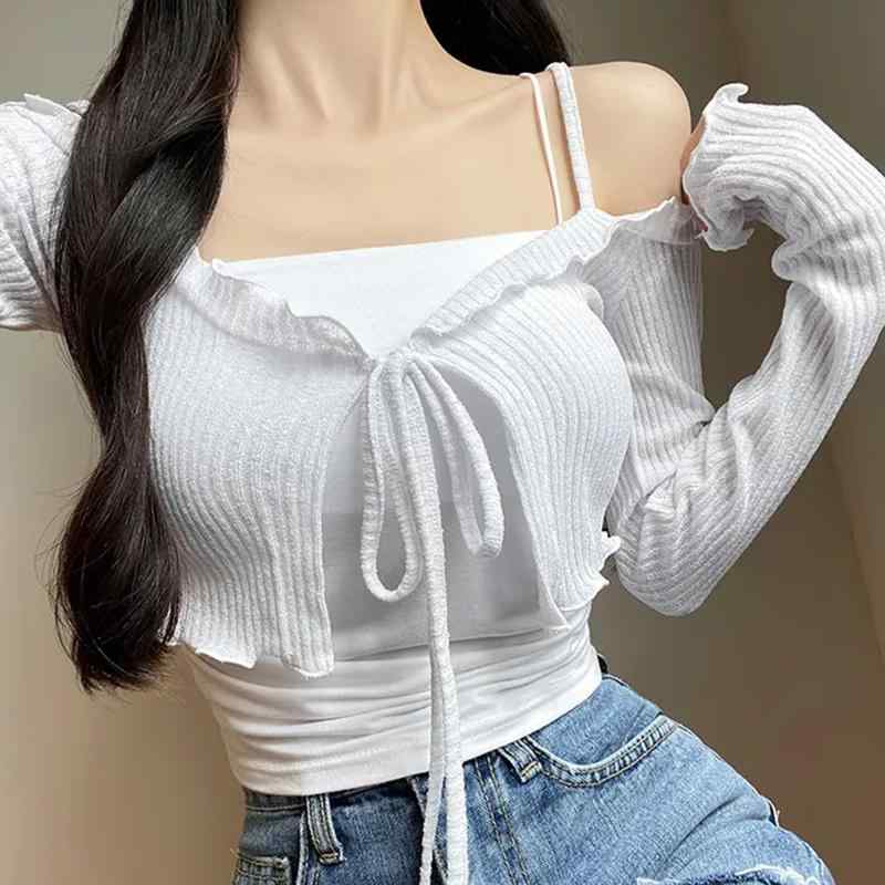 トップス レディース スリム スタイリッシュ おしゃれ 秋 レースアップ シック 女性 ストラップレス オフショルダー フィット ショート 長袖 カーディガン Tシャツ